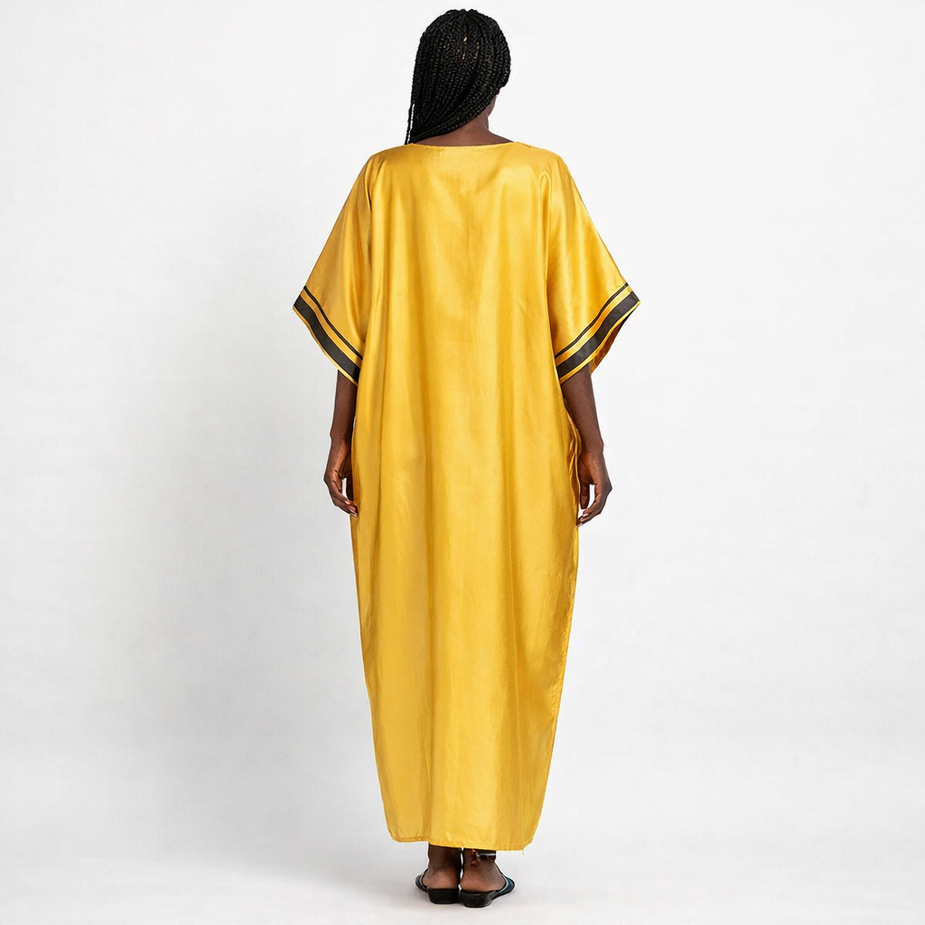 Gold Kaftan Dress with Black Chevron Neck Design