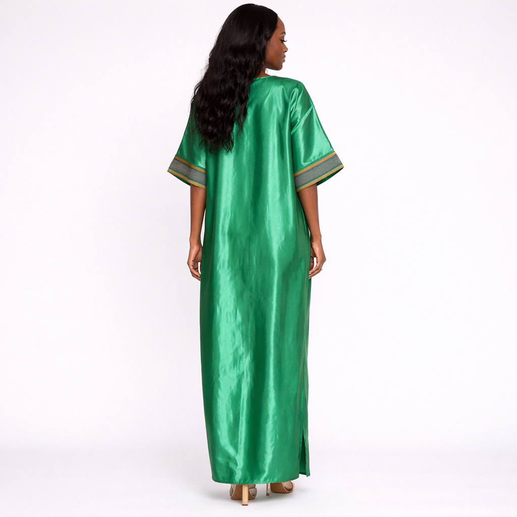 Womens Green Satin Kaftan Dress with Chevron Neck Detail