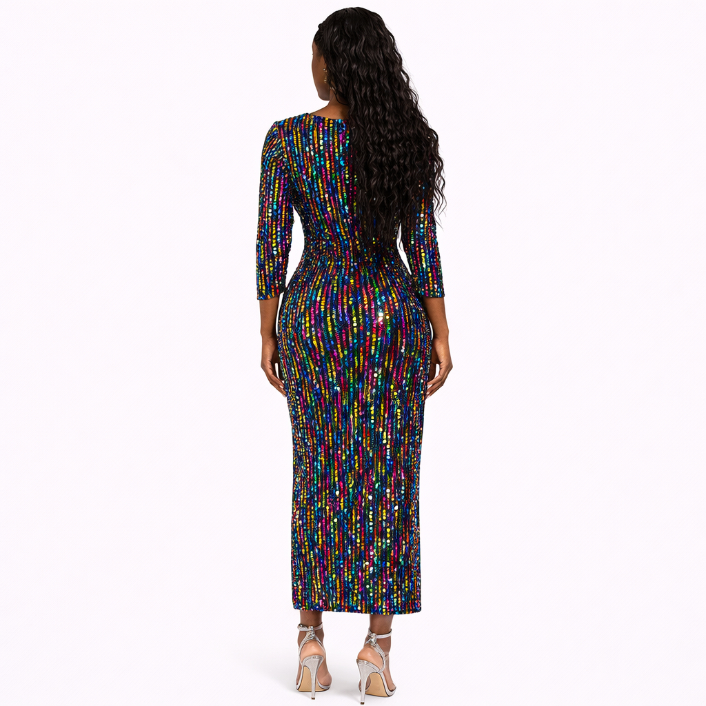 Multicolor Sequin Full Length Short Sleeve Dress