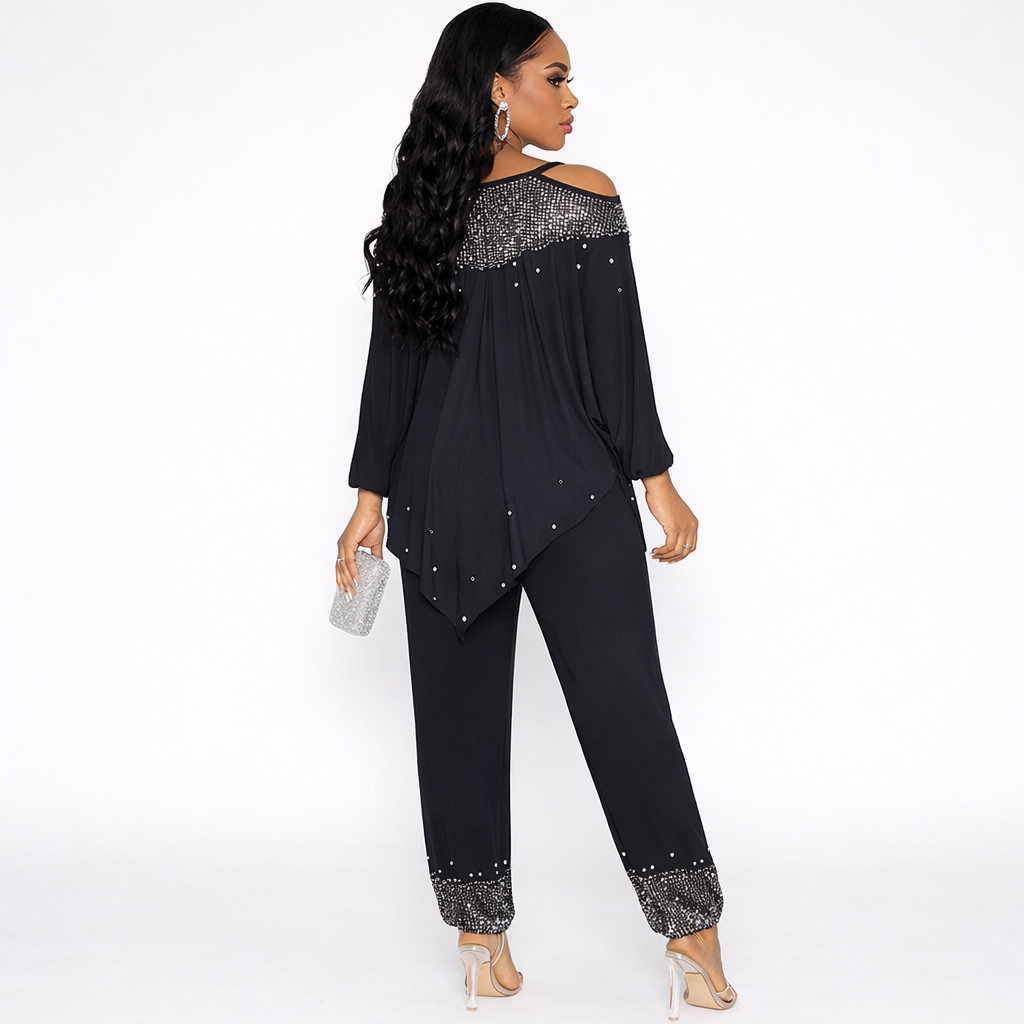 Womens Black Embellished Two Piece Top and Pant Set