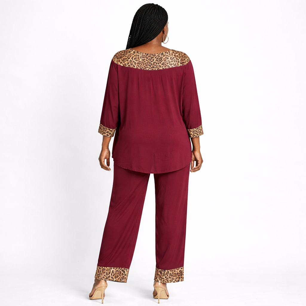 Womens Maroon Two Piece Lounge Set with Leopard Print Panels