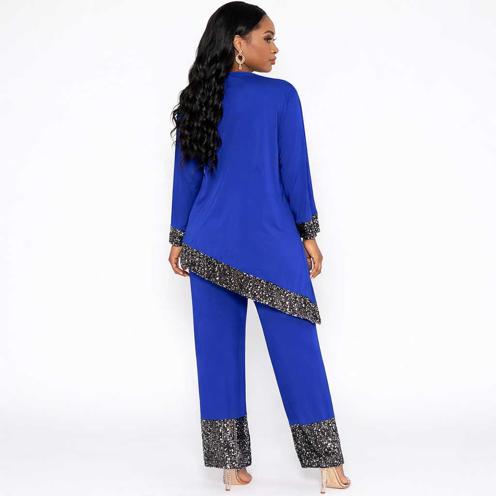 Womens Two Piece Long Sleeve Tunic and Pants Set with Sequin Trim