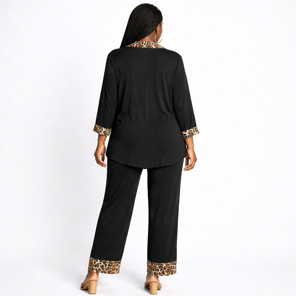 Womens Black Two Piece Outfit with Leopard Print Collar Detail