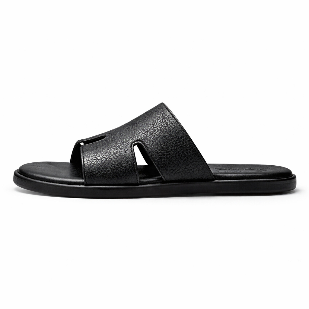 Mens Black Leather Slide Sandals   Open Toe Flat Slip On Slippers