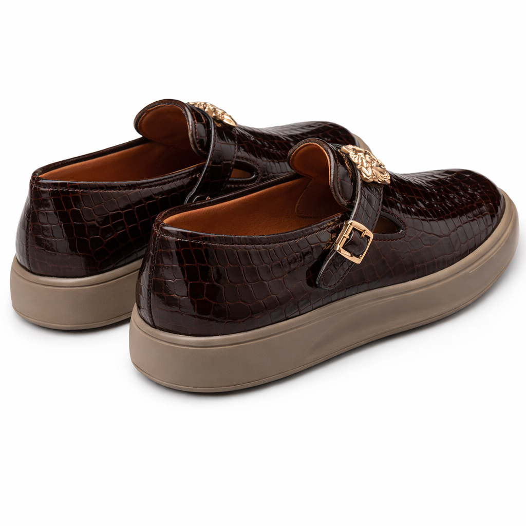 Dark Brown Croc Pattern Leather Loafers
