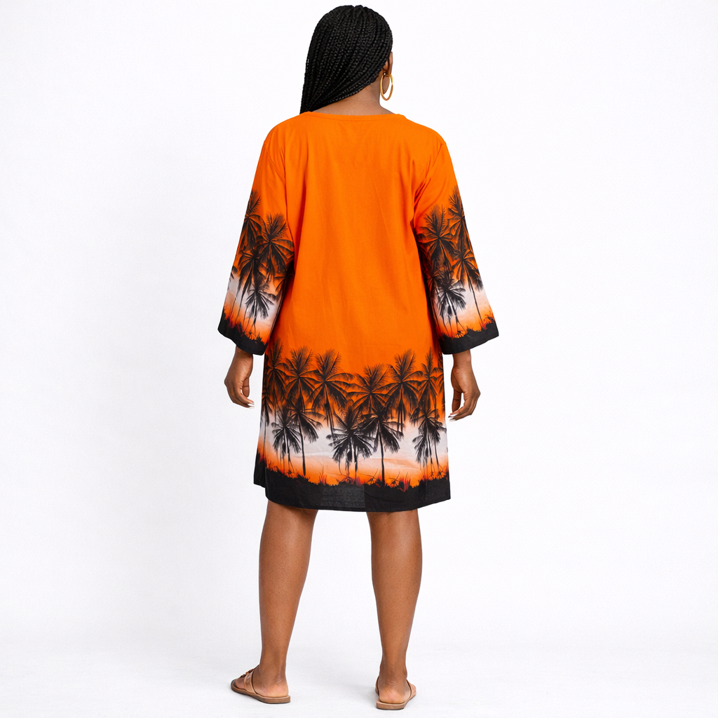 Womens Orange Tropical Print Kaftan Dress