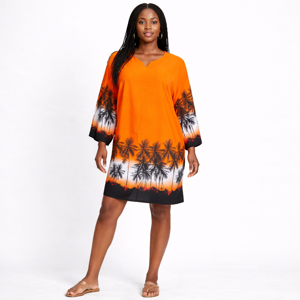 Womens Orange Tropical Print Kaftan Dress