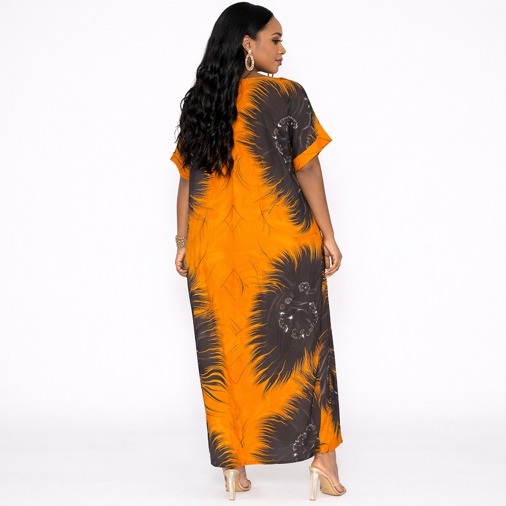 Womens Orange and Black V Neck Kaftan Midi Dress