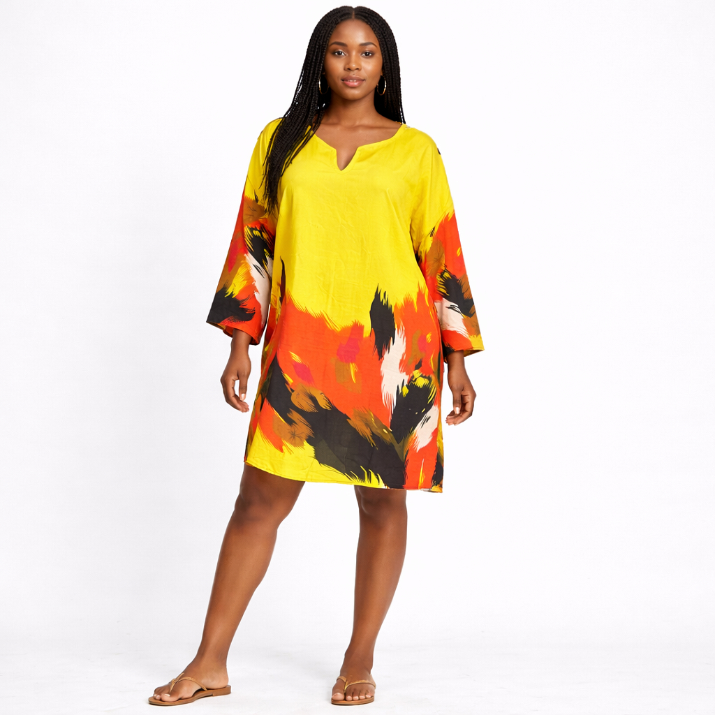Womens Printed V Neck Kaftan Dress