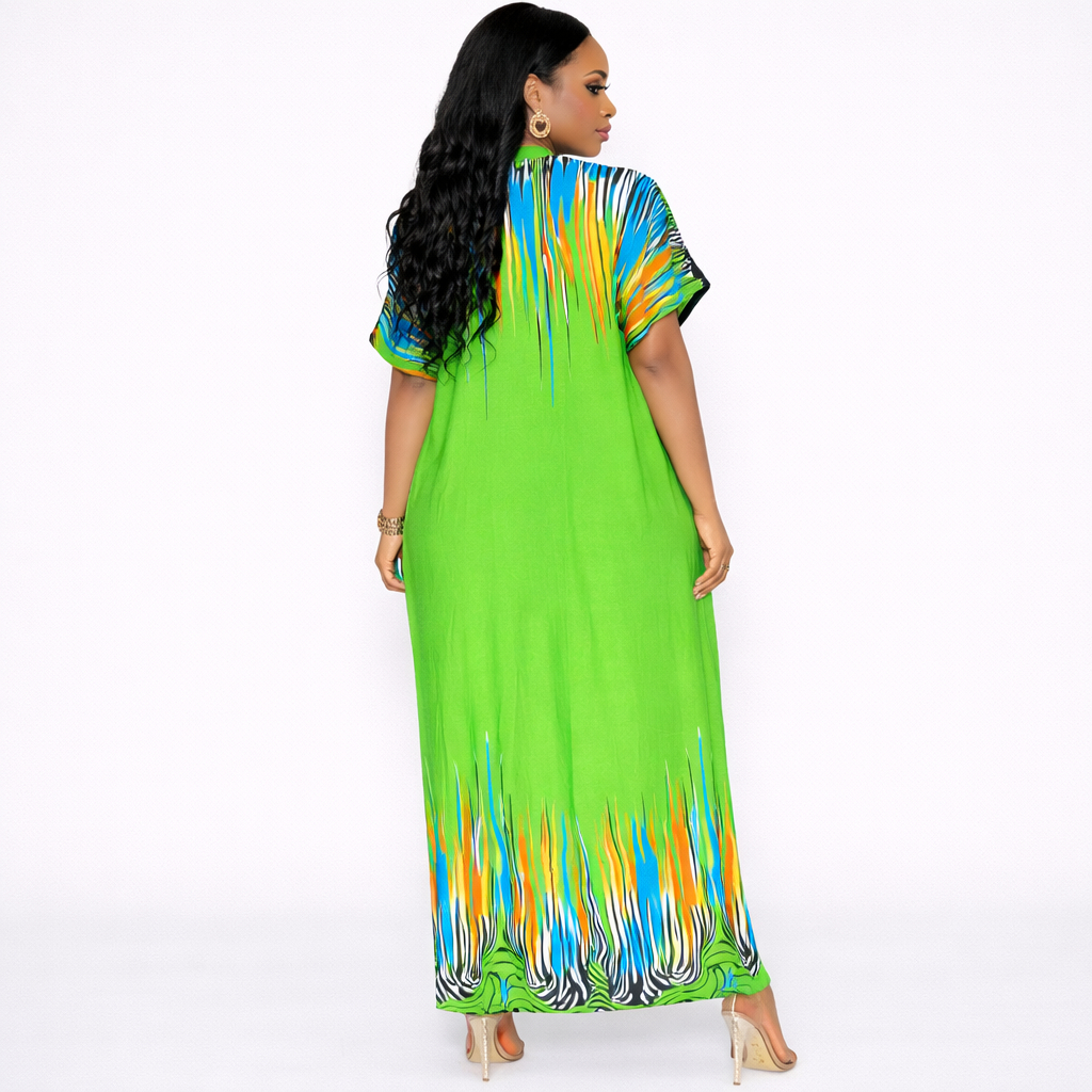 Womens Printed V Neck Loose Kaftan Maxi Dress