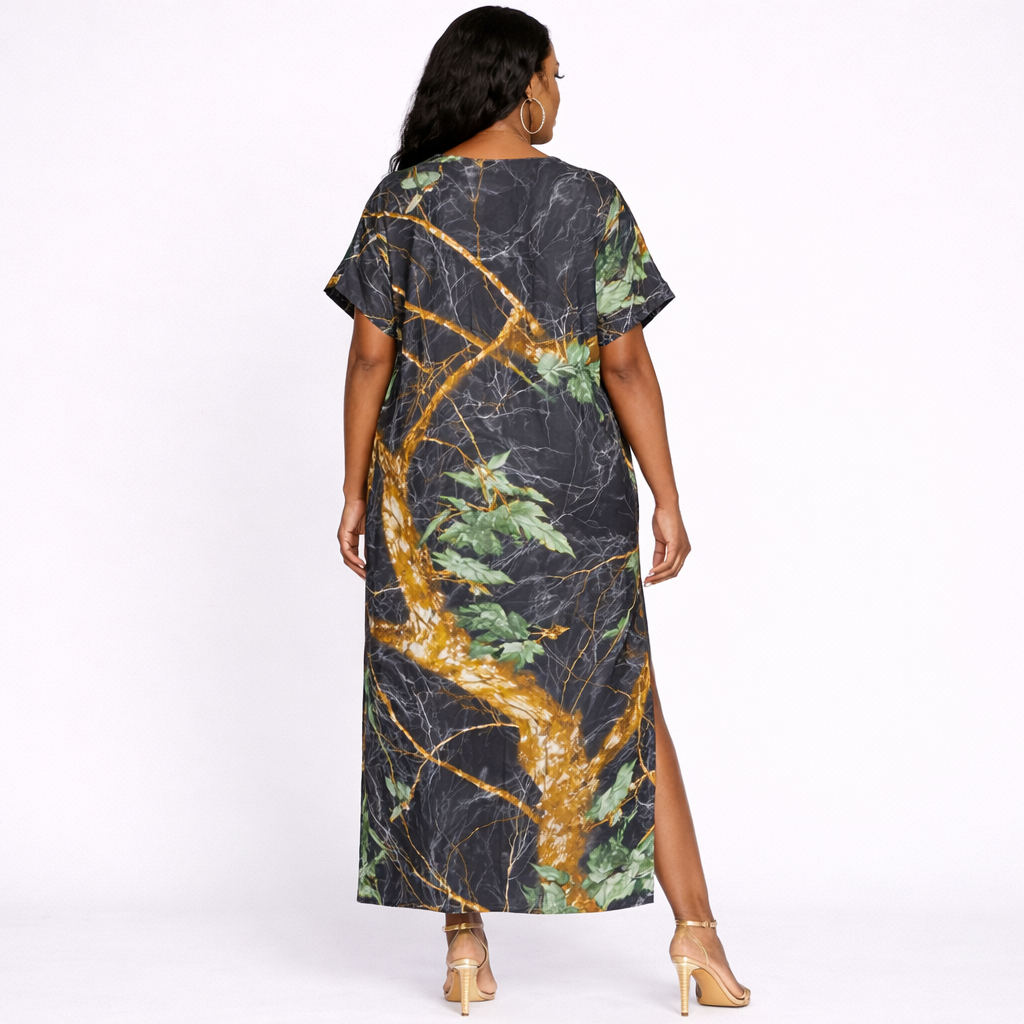 Womens Printed V Neck Kaftan Midi Dress