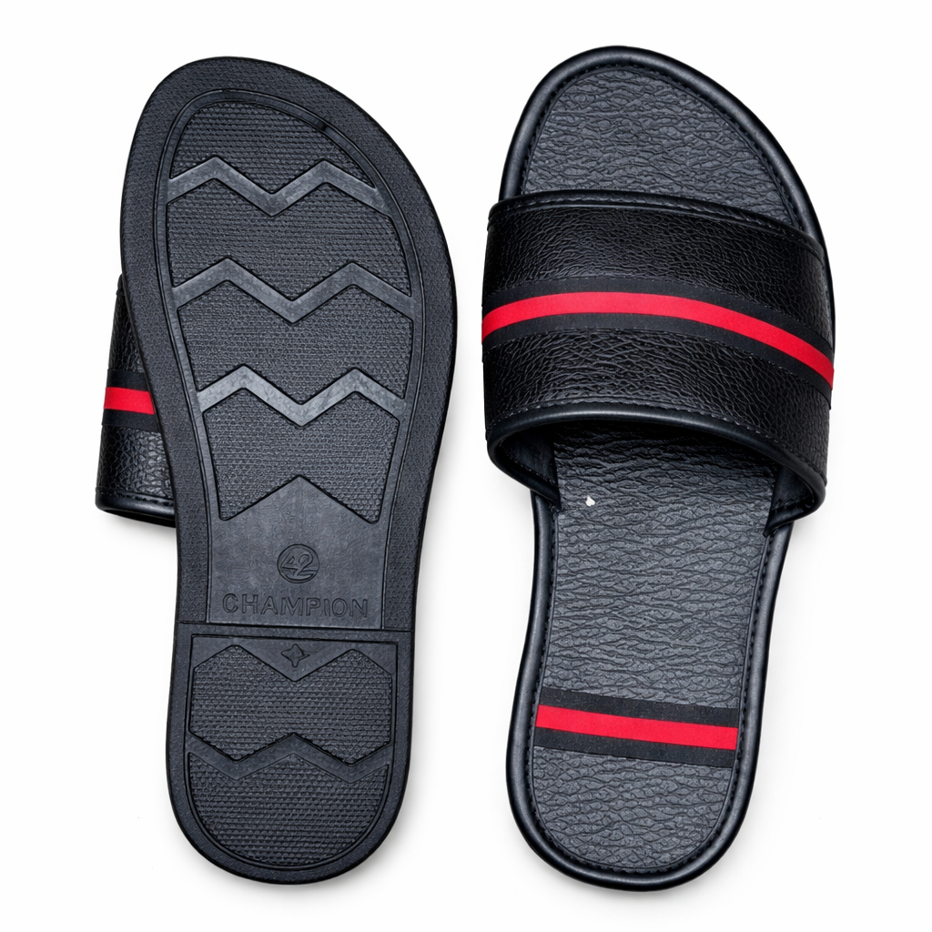 Mens Black Slide Sandals with Red Stripe