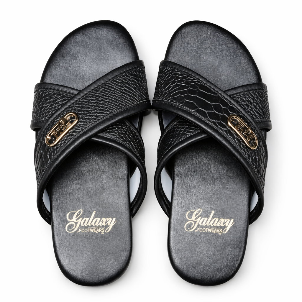 Mens Black Cross Strap Leather Sandals