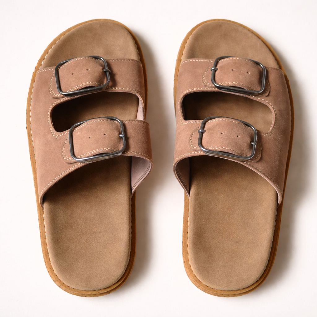Quality Mens beige Cross Strap Slide Sandals with Textured Footbed