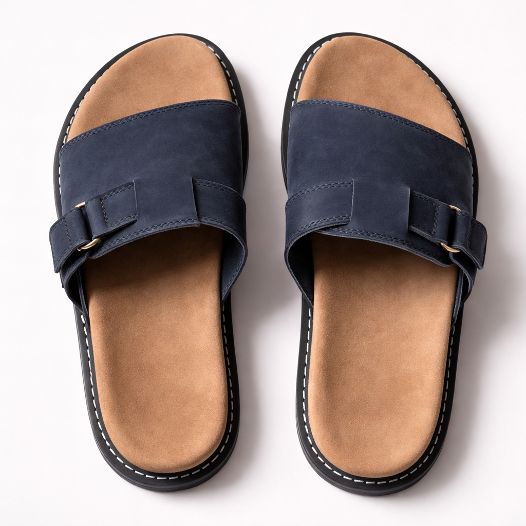 Quality Men Adjustable  Navy Blue Strap Slide Sandals