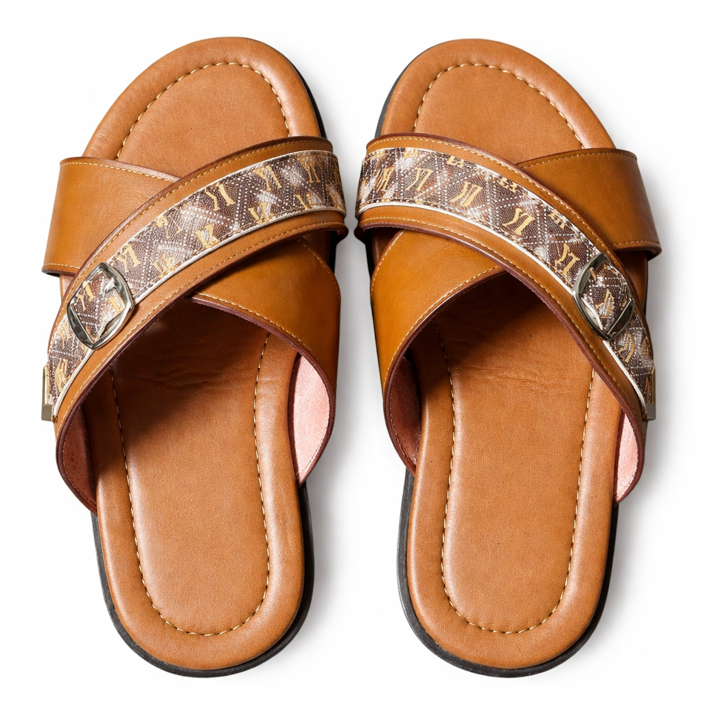 Leather Slip On Sandals with Double Strap & Buckle Detail for Men
