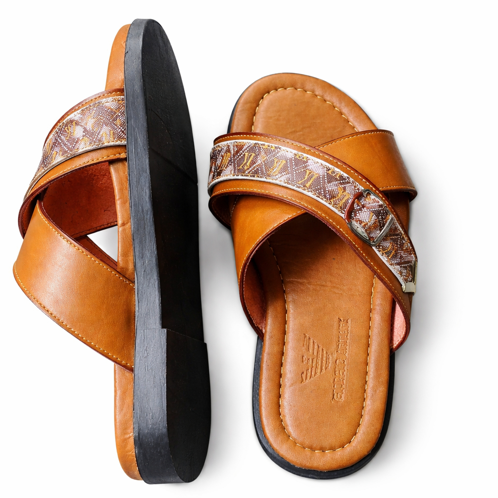 Leather Slip On Sandals with Double Strap & Buckle Detail for Men