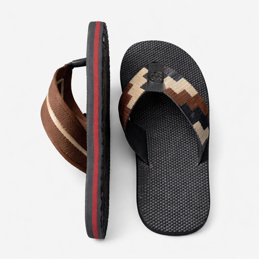 Textured Sole Flip Flop Sandals with Patterned Fabric Strap