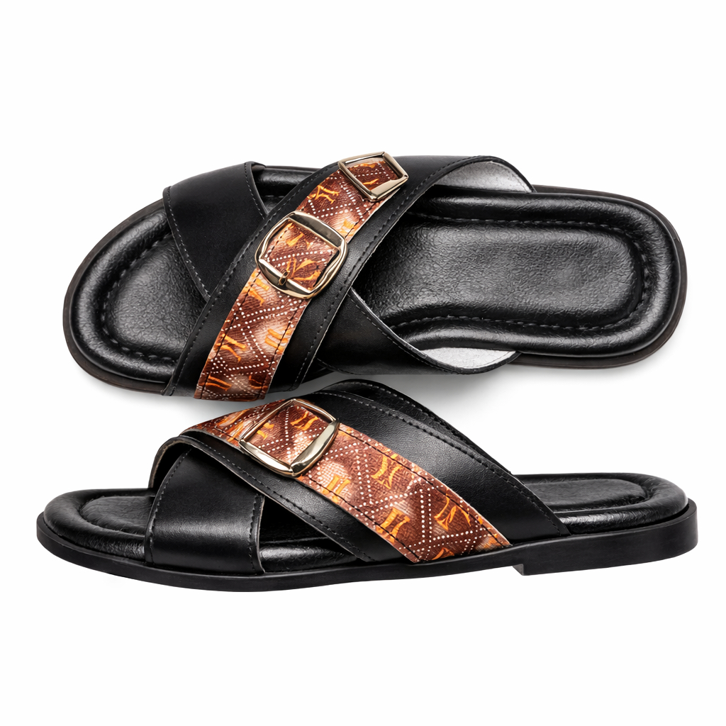 Leather Cross Strap Slide Sandals with Buckle Detail