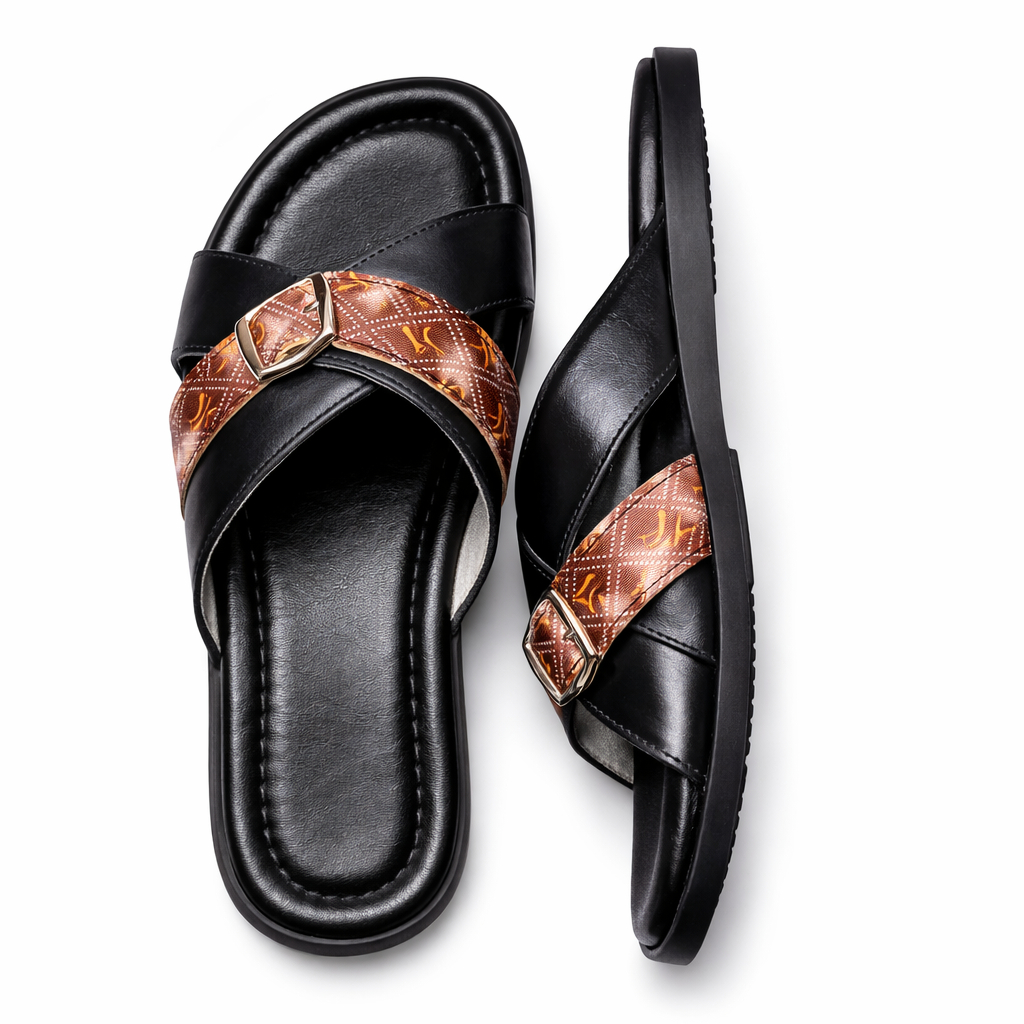 Leather Cross Strap Slide Sandals with Buckle Detail