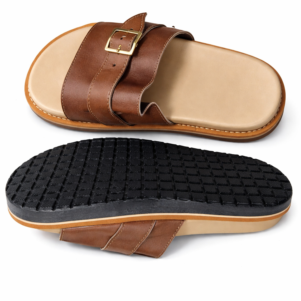 Dual Strap Leather Slide Sandals with Adjustable Buckle