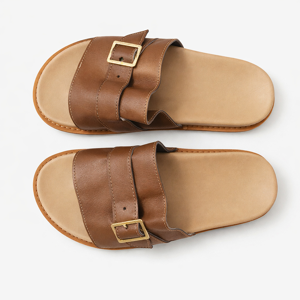 Dual Strap Leather Slide Sandals with Adjustable Buckle