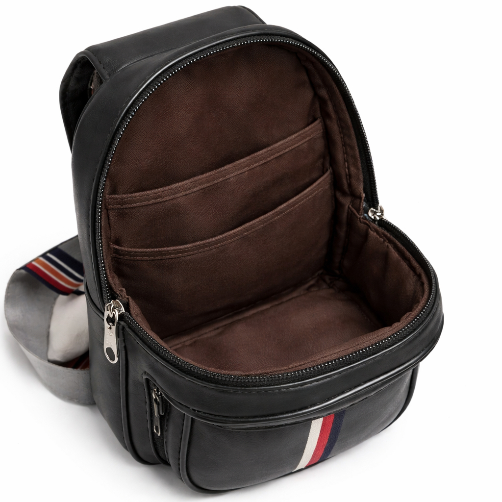 Black Leather Compact Mini Bag pack with Pattern Panel