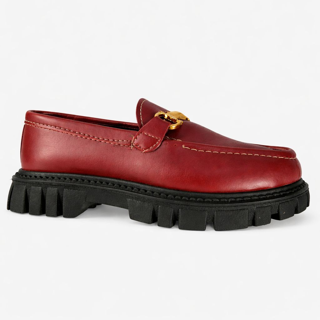 Kids Red Classic Leather Slip on Loafer with Chunky Sole