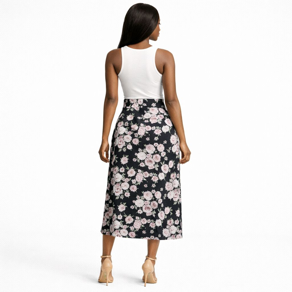 Floral Print Stretch Fabric Black with Pink Roses