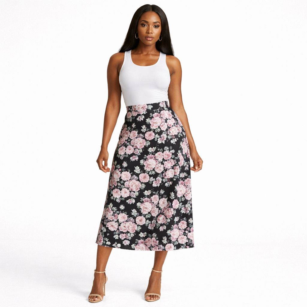 Floral Print Stretch Fabric Black with Pink Roses