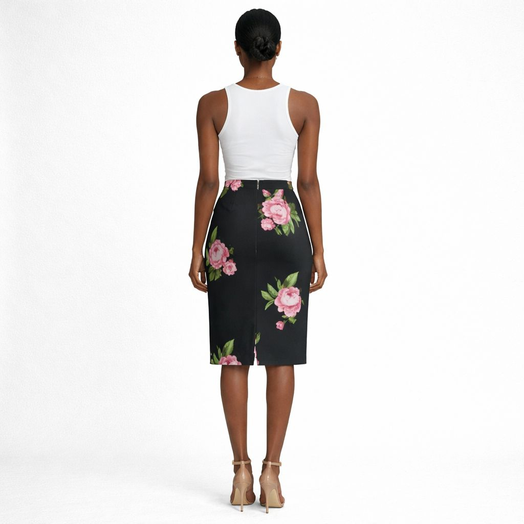 Black Floral Pleated Skirt with Pink Rose Print