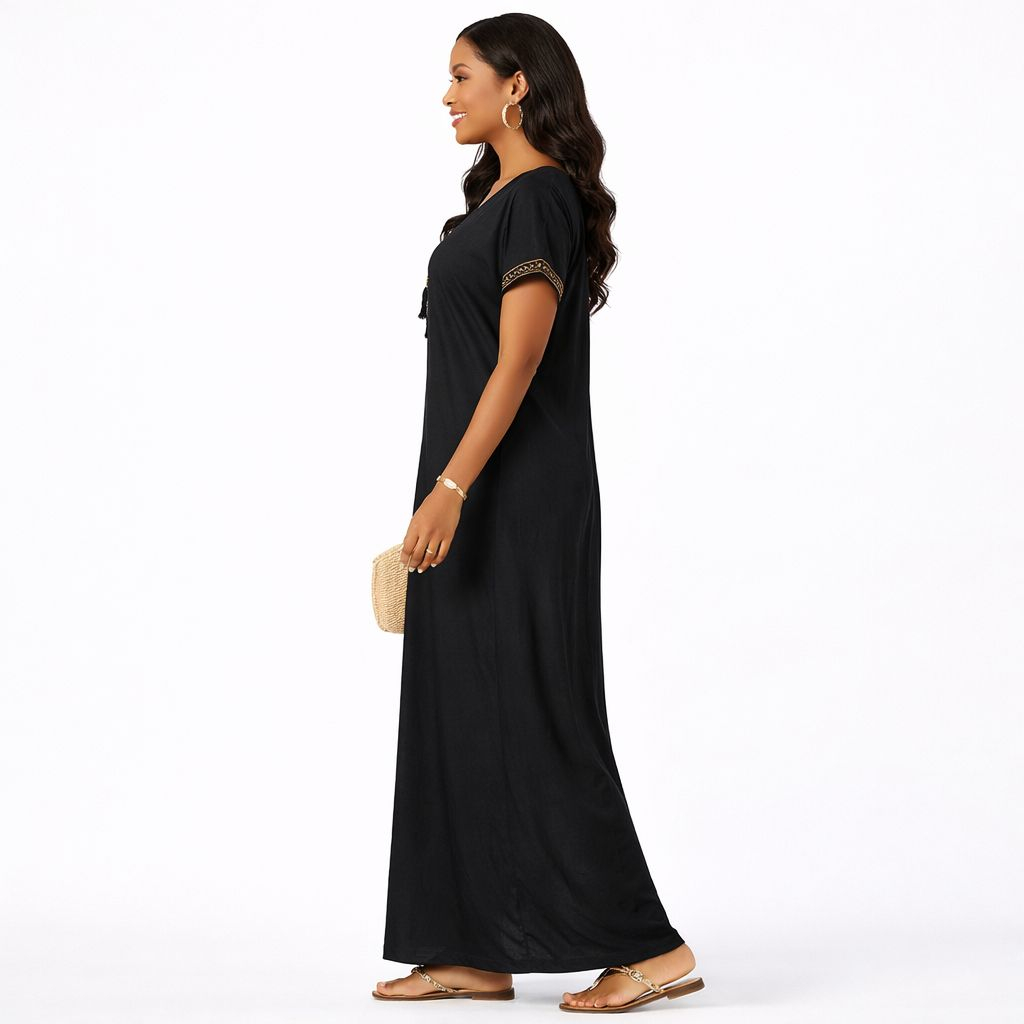 Ladies Black Embroidered Kaftan Maxi Dress