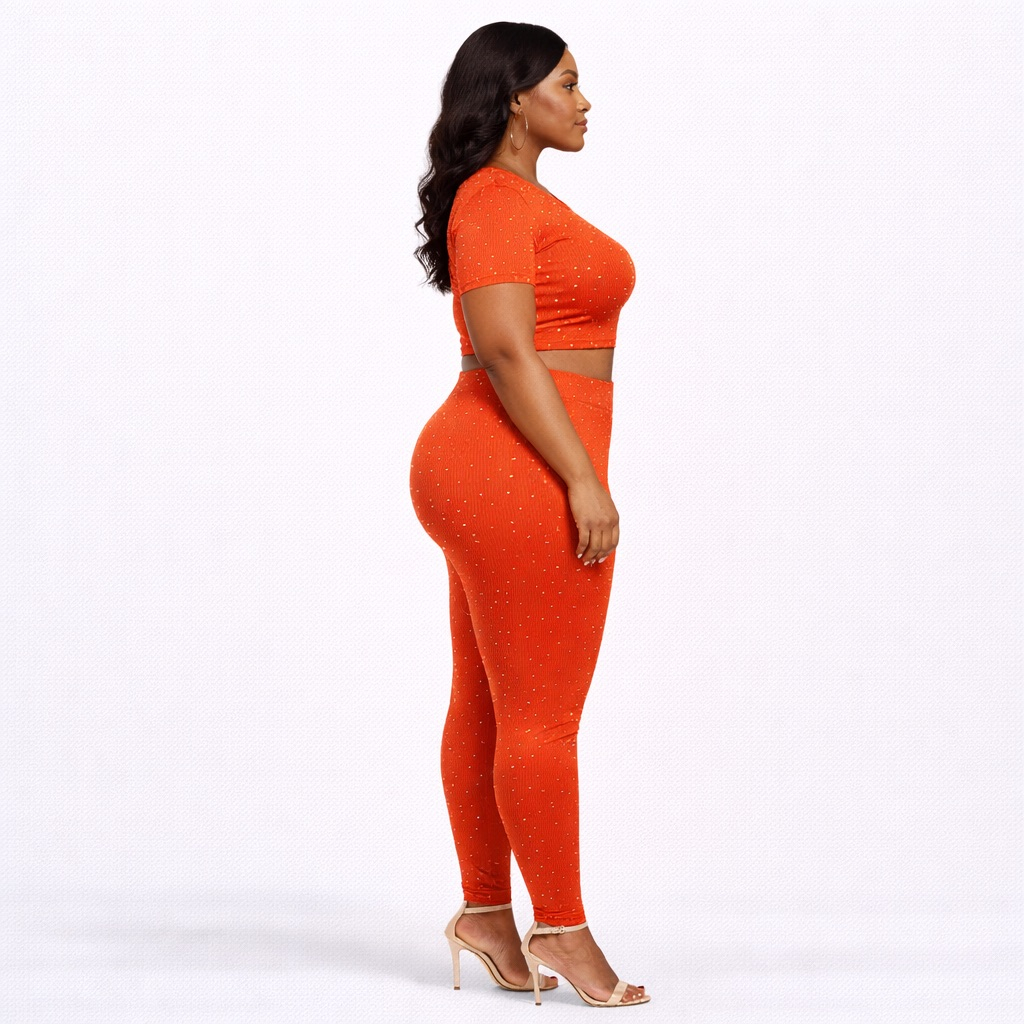 Women Orange Ribbed Two Piece Pants Set