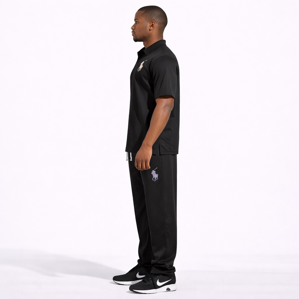 Black Zip Polo Shirt and Drawstring Pants two piece set