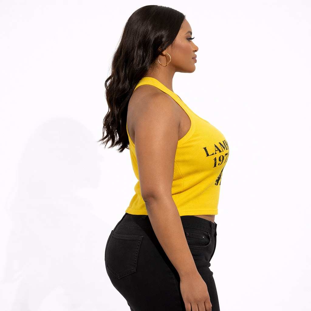 Womens Yellow Ribbed Graphic Tank Top