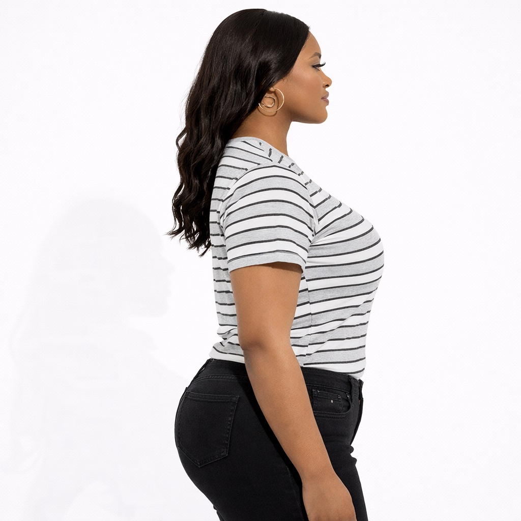 Womens Grey and Black Striped Fitted TShirt