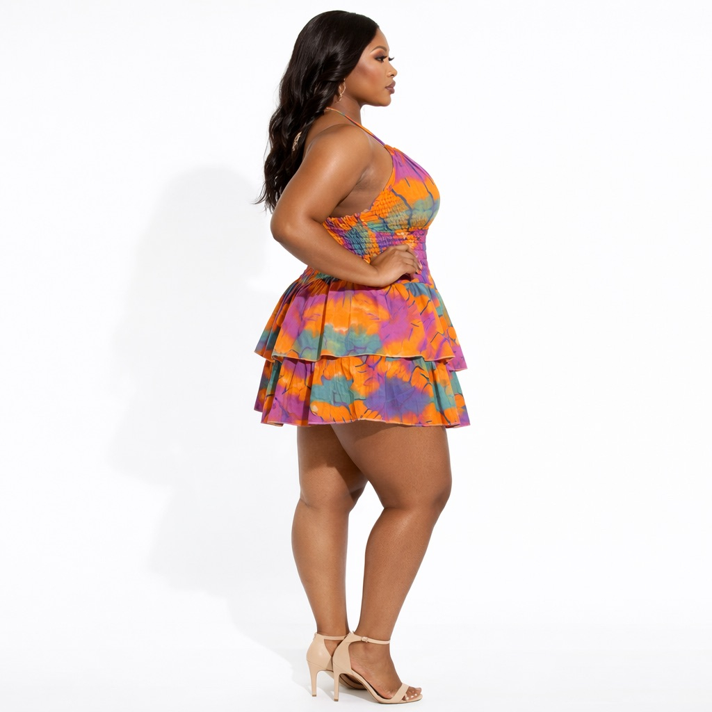 Sunset Splash Halter Ruffle Mini Dress