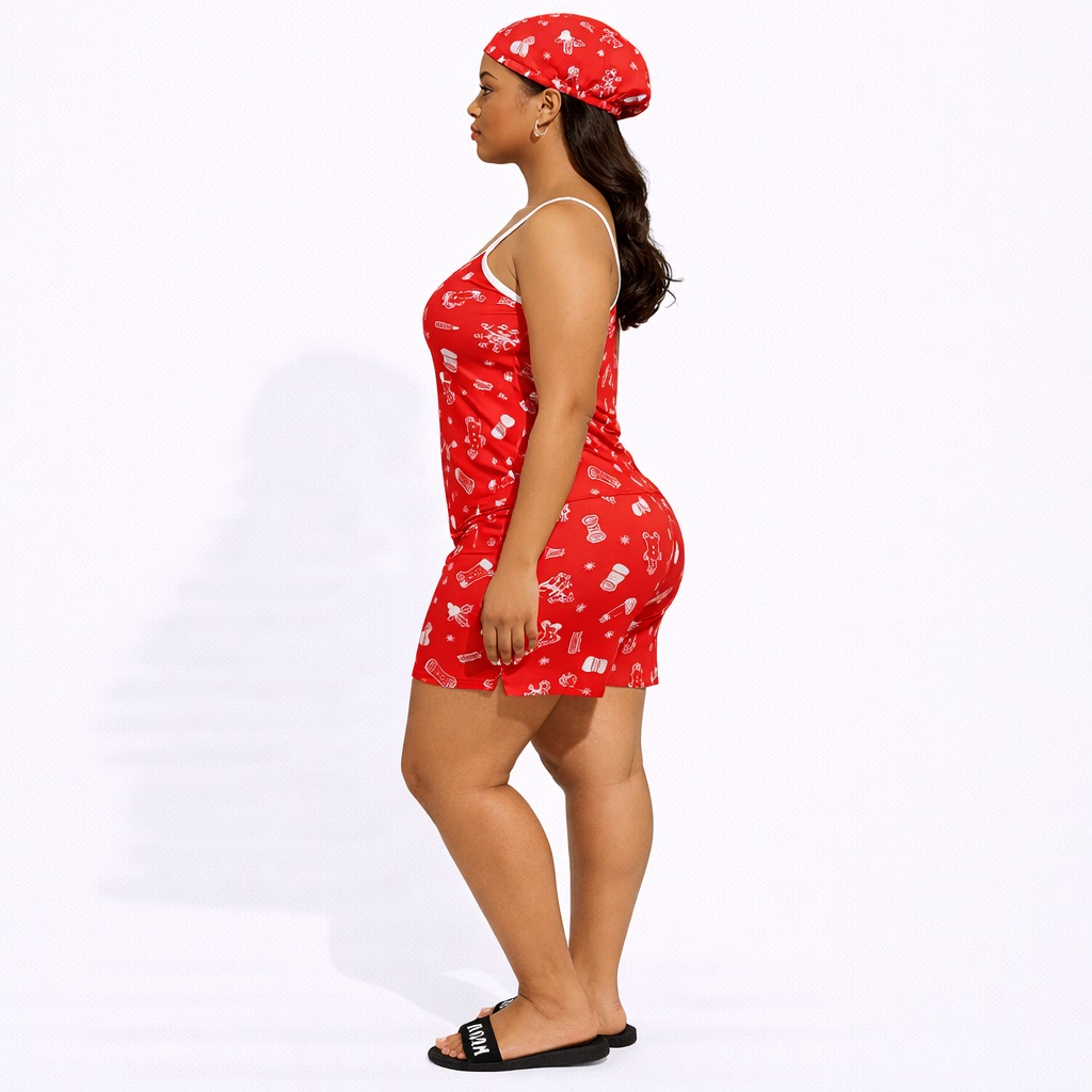 Womens Christmas themed Print Nightwear Set with bonnet