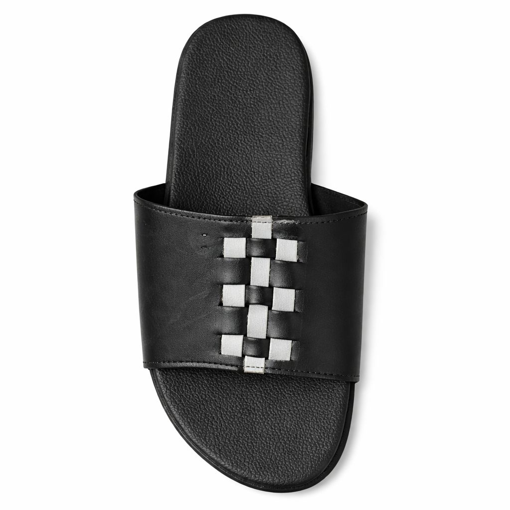 Black Slide Sandal with Woven Metallic Accents