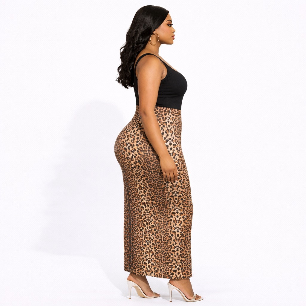Womens Leopard Print High waist bodycon Maxi Skirt