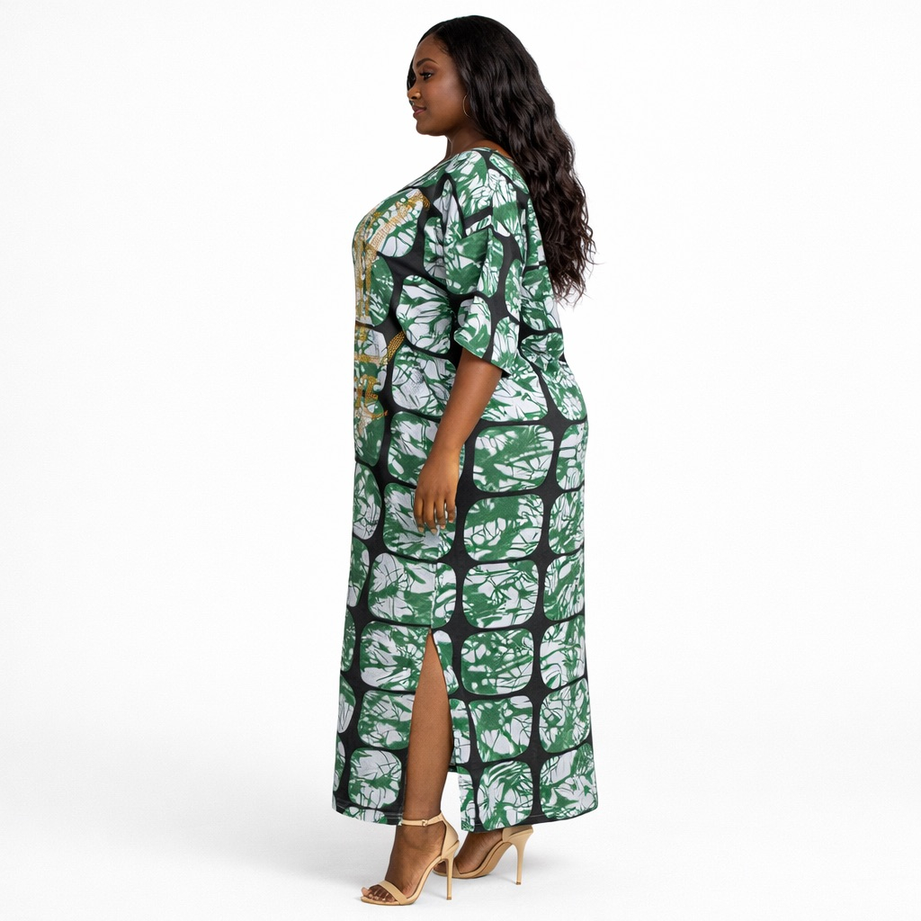 Green Patterned Kaftan Maxi Dress with Embellished Detail