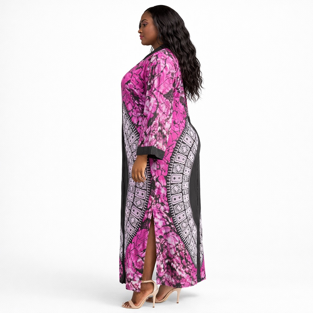 Pink & Black Patterned Long Sleeve Kaftan Dress