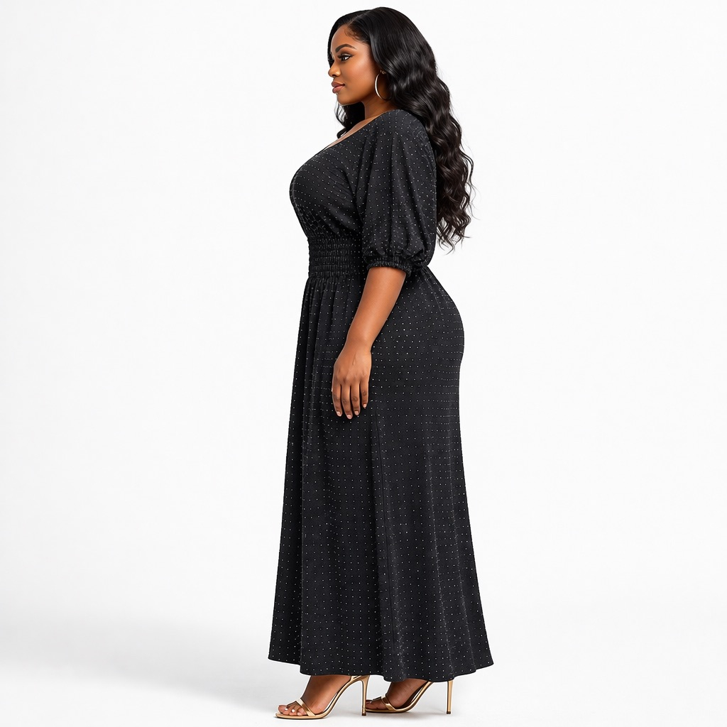 Black Smocked Waist Midi Dress with Subtle Dot Pattern