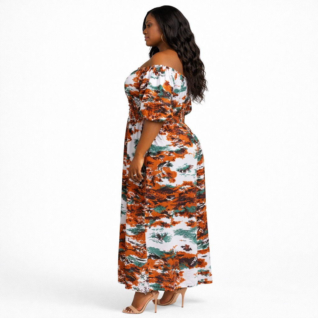 Off Shoulder Printed Midi Dress with Smocked Waist