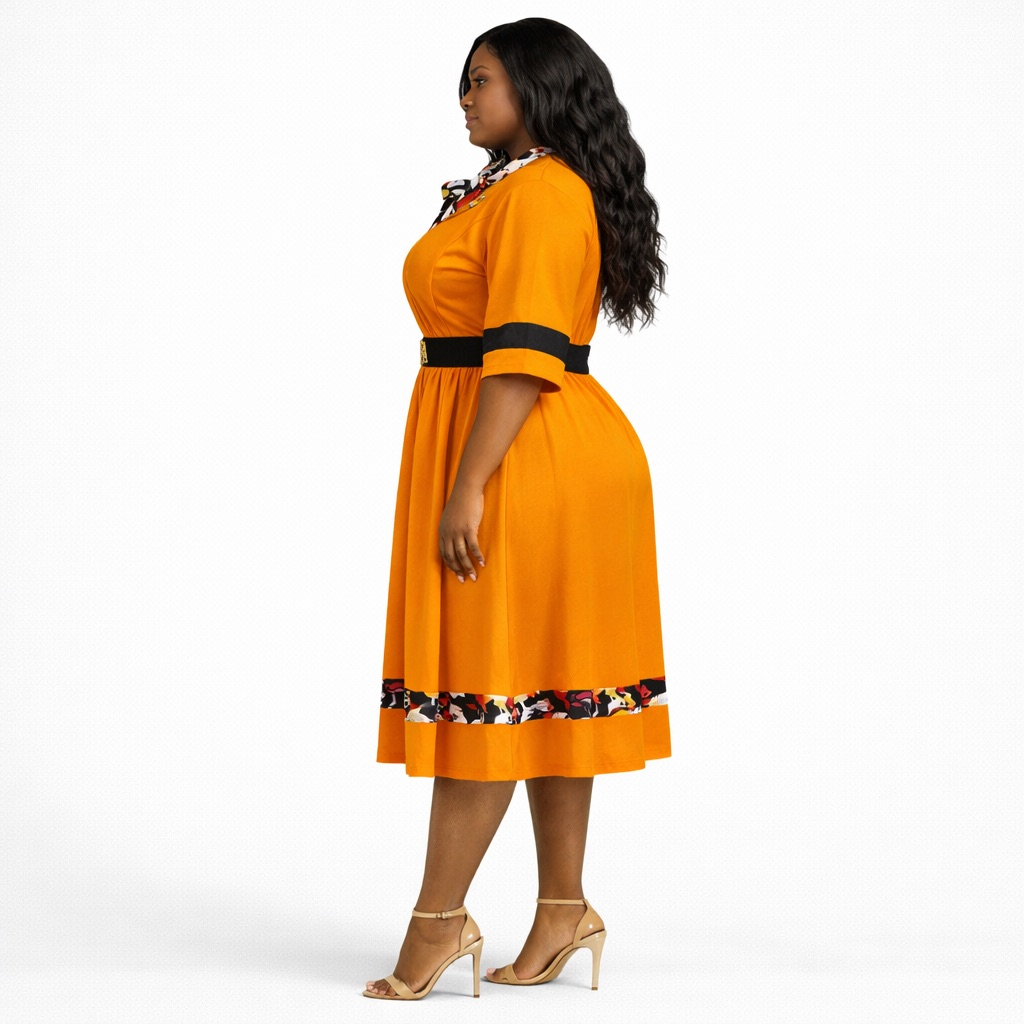 Orange Flare Mini Dress with Neck Scarf and Belt Detail