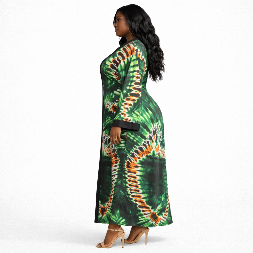 Green Tie Dye Long Sleeve Kaftan Dress