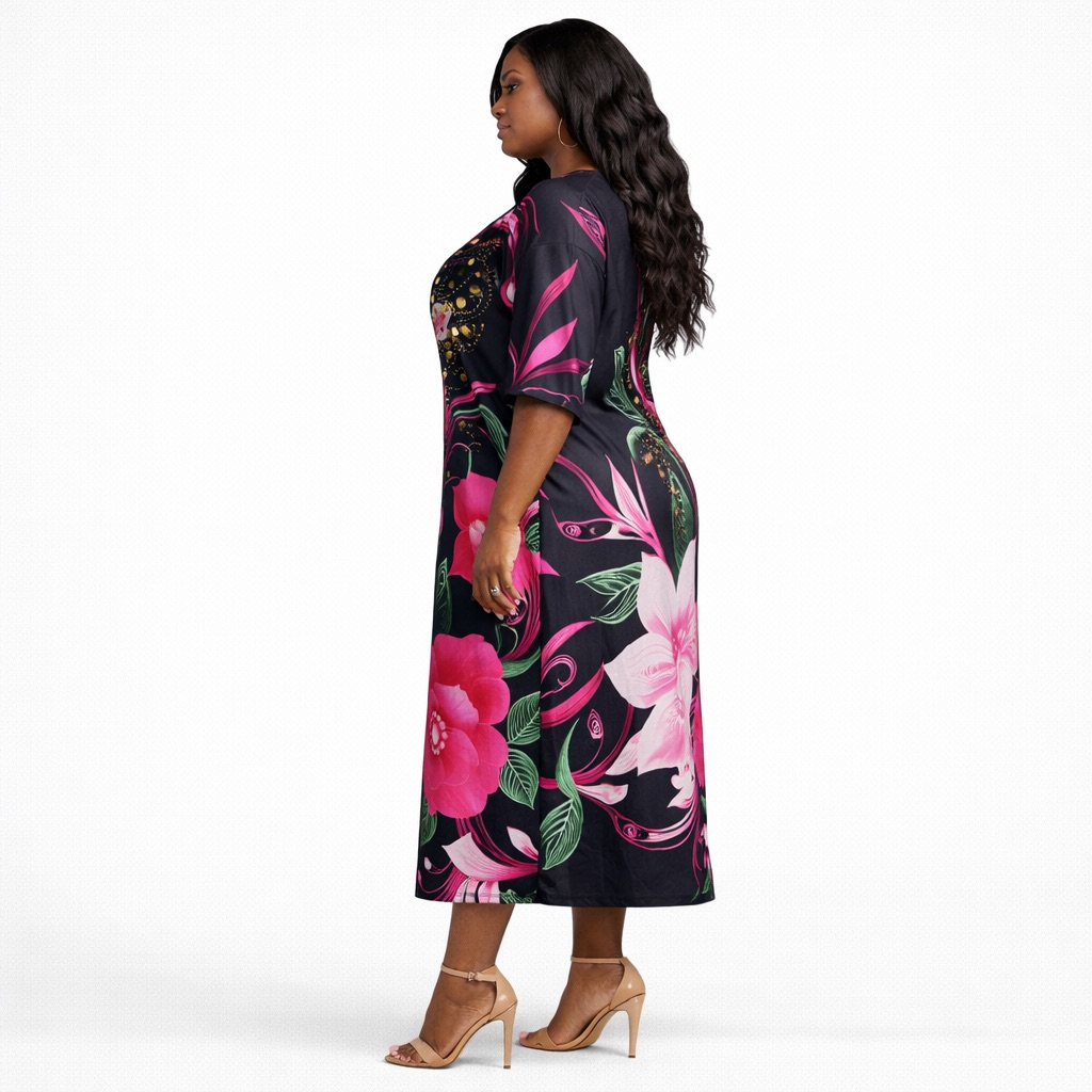Black Floral Embellished Kaftan Midi Dress