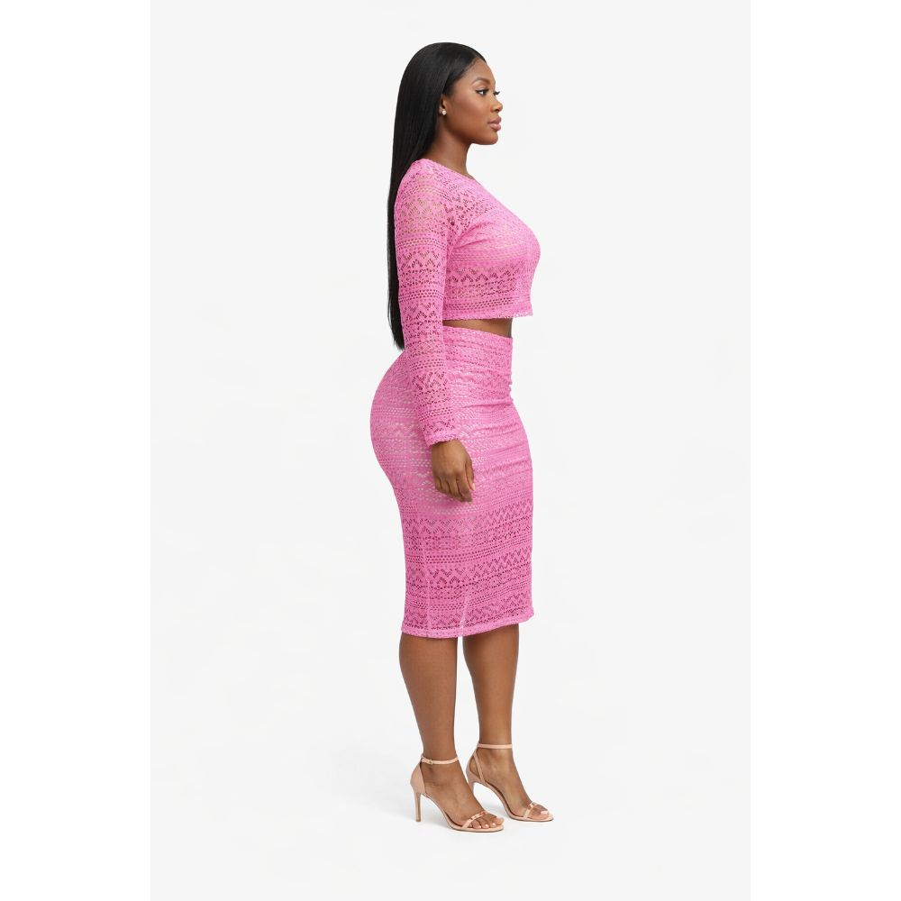 Pink Lace Two Piece Skirt Set with Long Sleeve Top