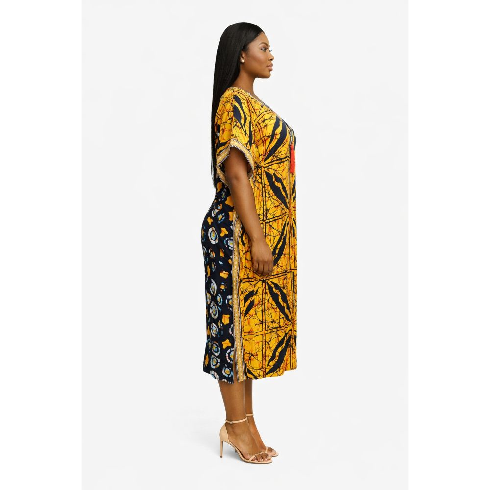 Multicolor African Print Kaftan Dress with Tassel Detail