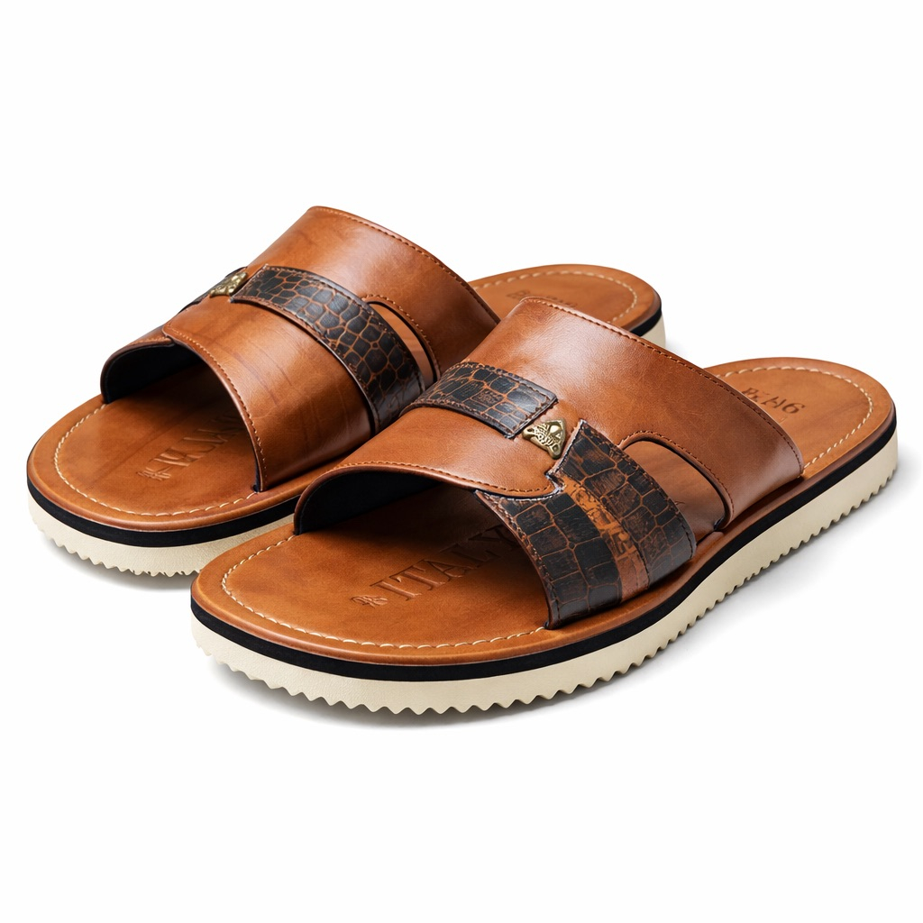 Mens Brown Leather Slide Sandal  with Croc Accent and Contrast Sole